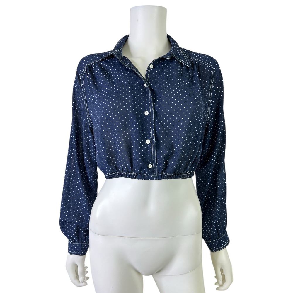 ZARA Womens Blouse Top Polka Dot Cropped Navy Blue Long Sleeve Semi Sheer Size S